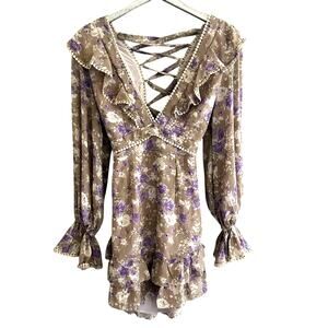 Saints + Secrets Lilac Floral Deep V Neck Long Sleeve Dress NEW